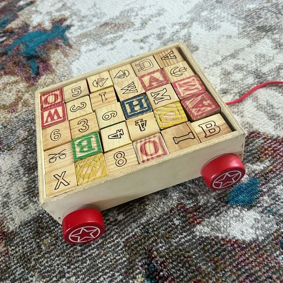 Vintage wooden baby blocks primary colors numbers letters objects pull along bin - Picture 5 of 7